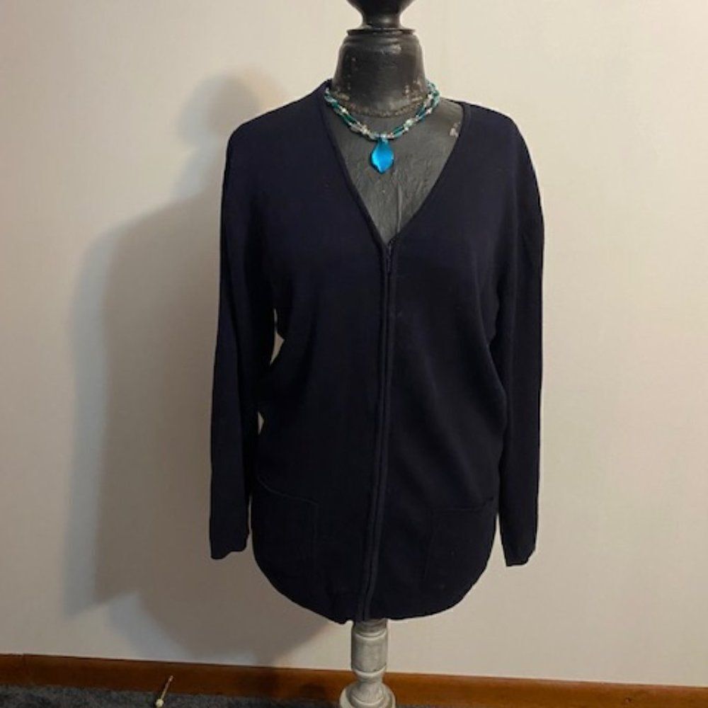 Talbots Navy Blue V-Neck, zip front knit cardigan, size XLarge